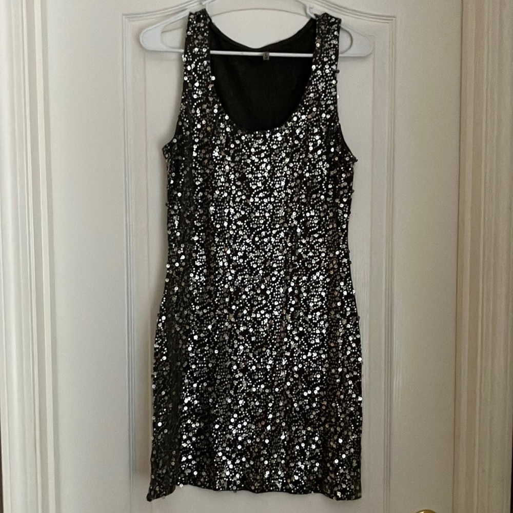 Gray beaded tank dress with silver sequins